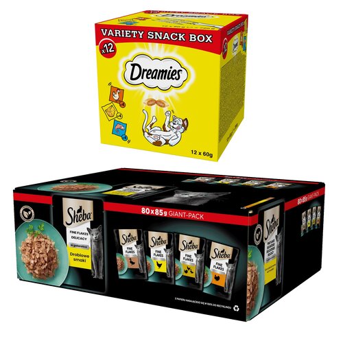 Karma dla kota SHEBA Drobiowe smaki (80 x 85 g) + Przysmak dla kota DREAMIES Mix smaków (12 x 60 g)