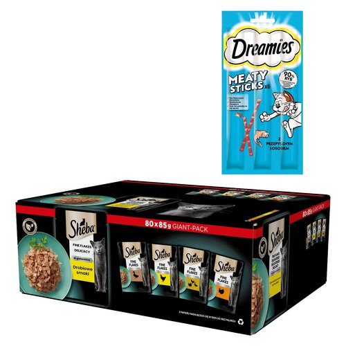 Karma dla kota SHEBA Drobiowe smaki (80 x 85 g) + Przysmak dla kota DREAMIES Meaty Sticks z Łososiem 30 g