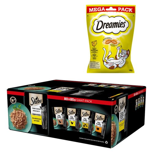 Karma dla kota SHEBA Drobiowe smaki (80 x 85 g) + Przysmak dla kota DREAMIES Żółty ser 180 g