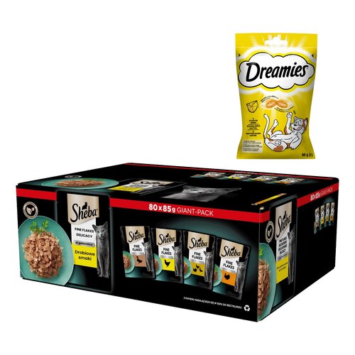 Karma dla kota SHEBA Drobiowe smaki (80 x 85 g) + Przysmak dla kota DREAMIES Żółty ser 60 g