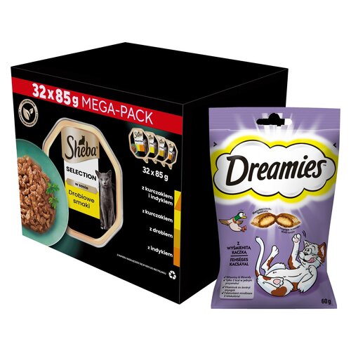 Karma dla kota SHEBA Select Slices Drobiowe smaki (32 x 85 g) + Przysmak dla kota DREAMIES Kaczka 60 g