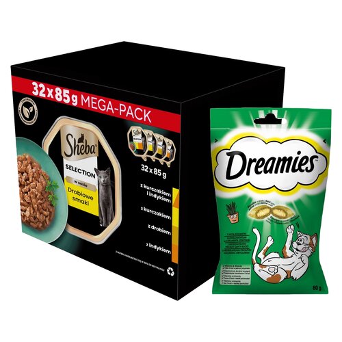 Karma dla kota SHEBA Select Slices Drobiowe smaki (32 x 85 g) + Przysmak dla kota DREAMIES z Nutą Kocimiętki 60 g