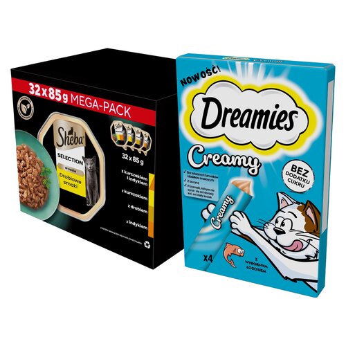 Karma dla kota SHEBA Select Slices Drobiowe smaki (32 x 85 g) + Przysmak dla kota DREAMIES Creamy Łosoś (4 x 10 g)