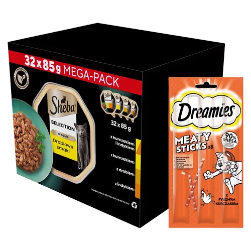 Karma dla kota SHEBA Select Slices Drobiowe smaki (32 x 85 g) + Przysmak dla kota DREAMIES Meaty Sticks Kurczak 30 g