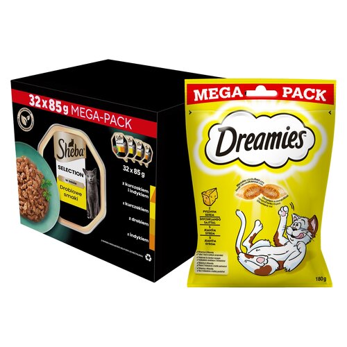 Karma dla kota SHEBA Select Slices Drobiowe smaki (32 x 85 g) + Przysmak dla kota DREAMIES Żółty ser 180 g