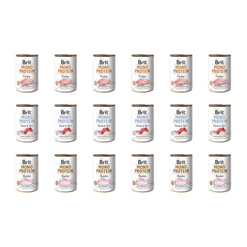 Karma dla psa BRIT Mix smaków Mono Protein Indyk, Jagnięcina z ryżem, Królik 18 x 400 g