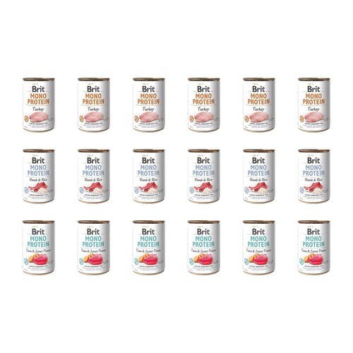 Karma dla psa BRIT Mix smaków Mono Protein Indyk, Jagnięcina z ryżem, Tuńczyk z ziemniakami 18 x 400 g