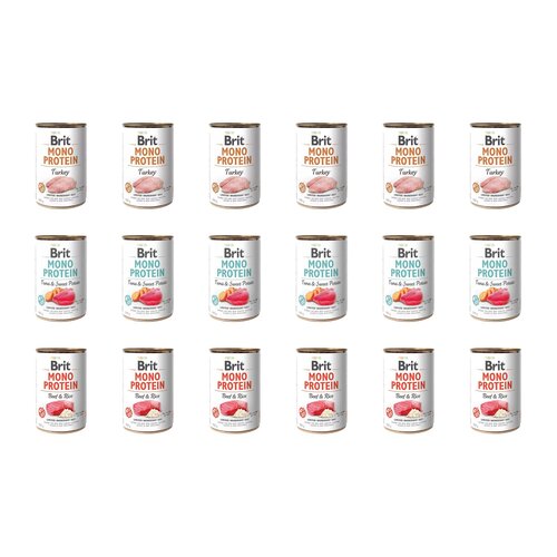 Karma dla psa BRIT Mix smaków Mono Protein Indyk, Tuńczyk z ziemniakami, Wołowina z ryżem 18 x 400 g