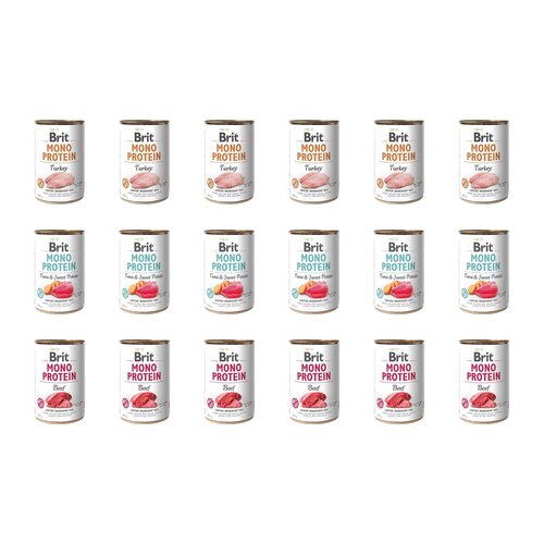 Karma dla psa BRIT Mix smaków Mono Protein Indyk, Tuńczyk z ziemniakami, Wołowina 18 x 400 g