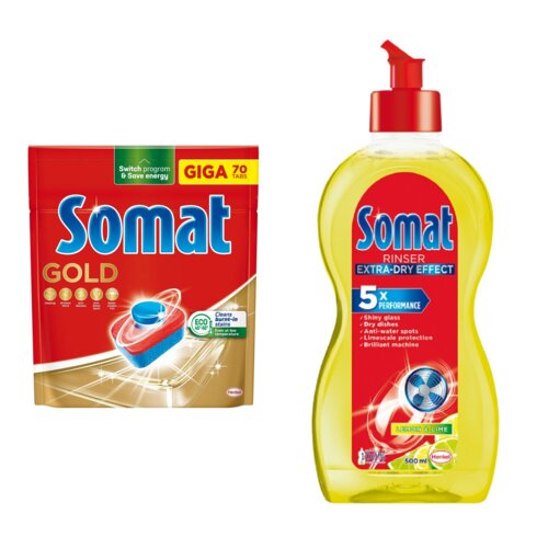 Tabletki do zmywarek SOMAT Gold - 70 szt. + Nabłyszczacz do zmywarek SOMAT Lemon & Lime 500 ml