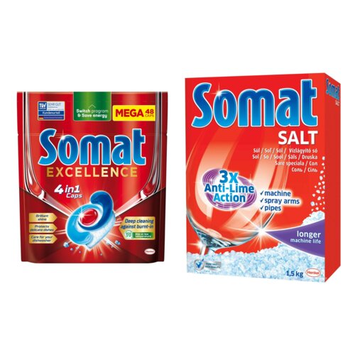 Kapsułki do zmywarek SOMAT Excellence 4 in 1 - 48 szt. + Sól do zmywarek SOMAT 1.5 kg