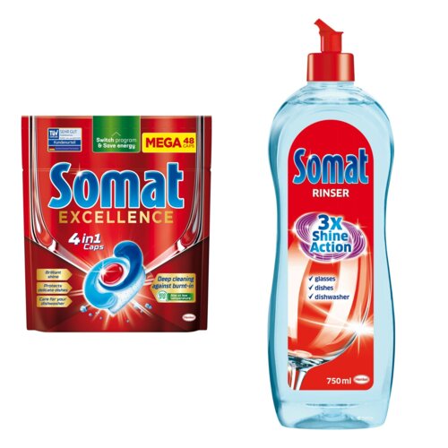 Kapsułki do zmywarek SOMAT Excellence 4 in 1 - 48 szt. + Nabłyszczacz do zmywarek SOMAT Rinser 750 ml