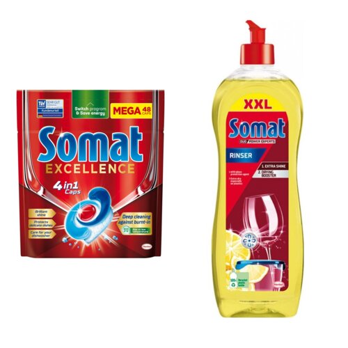 Kapsułki do zmywarek SOMAT Excellence 4 in 1 - 48 szt. + Nabłyszczacz do zmywarek SOMAT Lemon & Lime 750 ml