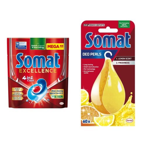 Kapsułki do zmywarek SOMAT Excellence 4 in 1 - 48 szt. + Odświeżacz do zmywarek SOMAT Somat Deo Lemon