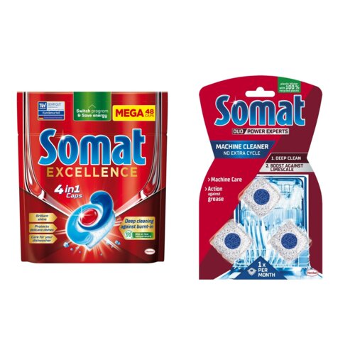 Kapsułki do zmywarek SOMAT Excellence 4 in 1 - 48 szt. + Kapsułki do czyszczenia zmywarki SOMAT Machine Cleaner - 3 szt.