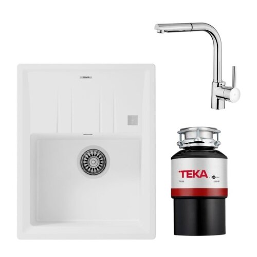 Zlewozmywak TEKA Stone 45 S-TG Biały + Bateria TEKA ARK 938 + Młynek do rozdrabniania odpadów TEKA TR 550