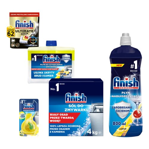 Zestaw FINISH (Kapsułki do zmywarek Powerball Ultimate Plus All in 1 + Płyn do czyszczenia zmywarek + Sól do zmywarek + Odświeżacz do zmywarek + Nabłyszczacz do zmywarek Shine Protect)