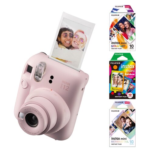 Aparat FUJIFILM Instax Mini 12 Różowy + Wkłady do aparatu FUJIFILM Instax Mini Spray Art 10 arkuszy + Wkład do aparatu FUJIFILM Instax Mini Mermaid Tail 10 arkuszy + Wkład do aparatu FUJIFILM Instax Mini Rainbow 10 arkuszy
