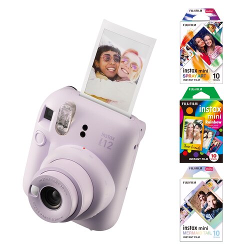 Aparat FUJIFILM Instax Mini 12 Fioletowy + Wkłady do aparatu FUJIFILM Instax Mini Spray Art 10 arkuszy + Wkład do aparatu FUJIFILM Instax Mini Mermaid Tail 10 arkuszy + Wkład do aparatu FUJIFILM Instax Mini Rainbow 10 arkuszy
