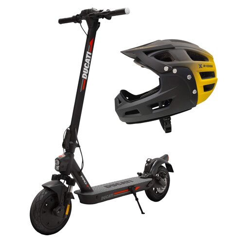 Hulajnoga elektryczna DUCATI Pro II Evo 2023 40km 350W Amortyzacja 10" Czarny + Kask rowerowy XRIDER XR00KFH01 Czarno-żółty MTB (rozmiar S)