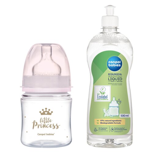 Butelka CANPOL BABIES Easy Start Royal Baby 120 ml Różowy + Płyn CANPOL BABIES do mycia smoczków i butelek 500 ml