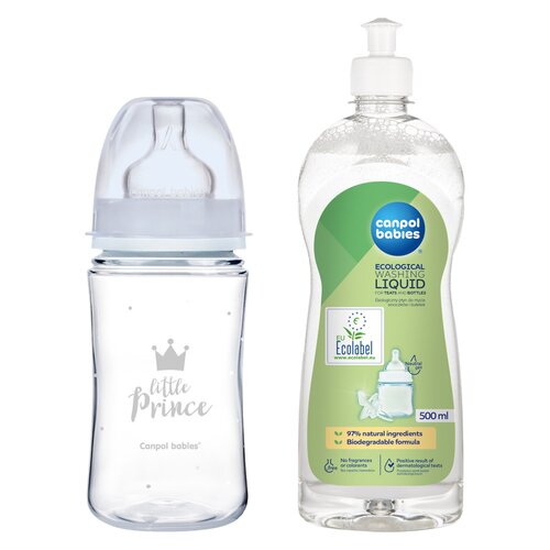 Butelka CANPOL BABIES Easy Start Royal Baby 240 ml Niebieski + Płyn CANPOL BABIES do mycia smoczków i butelek 500 ml