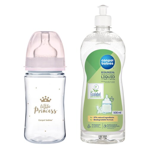 Butelka CANPOL BABIES Easy Start Royal Baby 240 ml Różowy + Płyn CANPOL BABIES do mycia smoczków i butelek 500 ml