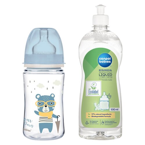 Butelka CANPOL BABIES Easy Start Bonjour Paris 240 ml Niebieski + Płyn CANPOL BABIES do mycia smoczków i butelek 500 ml