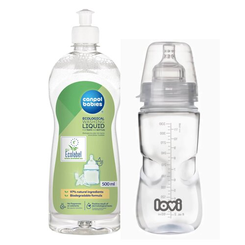 Butelka LOVI Medical+ 330 ml Przezroczysty + Płyn CANPOL BABIES do mycia smoczków i butelek 500 ml