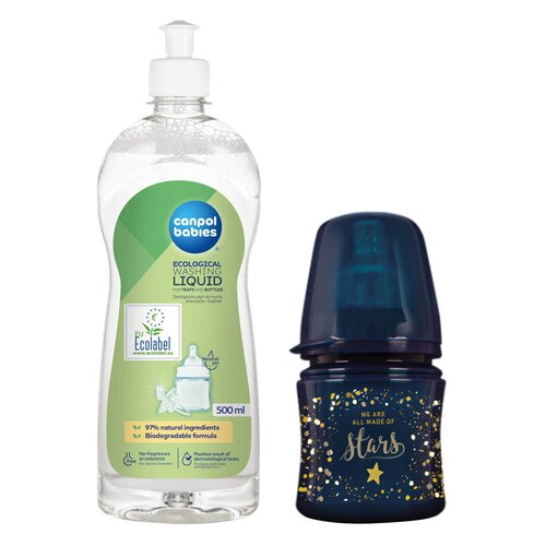Butelka LOVI Stardust 21 587 120 ml Granatowy + Płyn CANPOL BABIES do mycia smoczków i butelek 500 ml