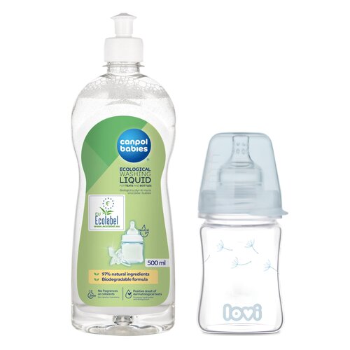 Butelka LOVI Diamond Glass 74 105 150 ml Przezroczysty + Płyn CANPOL BABIES do mycia smoczków i butelek 500 ml