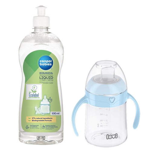 Butelka LOVI 35 358 Niebieski + Płyn CANPOL BABIES do mycia smoczków i butelek 500 ml