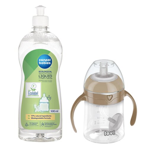 Butelka LOVI 35 363 Brązowy + Płyn CANPOL BABIES do mycia smoczków i butelek 500 ml