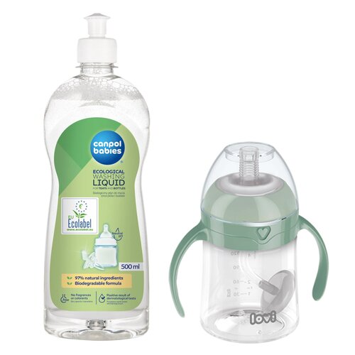 Butelka LOVI 35 364 Zielony + Płyn CANPOL BABIES do mycia smoczków i butelek 500 ml