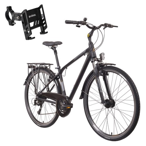 Rower trekkingowy INDIANA X-Road 3.0 M23 28 cali męski Czarno-brązowy + Uchwyt na telefon do roweru VÖGEL VUC601