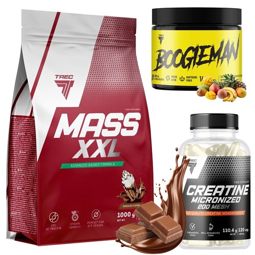 Zestaw na masę  TREC NUTRITION Gainer Mass XXL Czekoladowy (1000 g) + Monohydrat kreatyny Micronized 200 Mesh (120 kapsułek) + Przedtreningówka Boogieman Tropikalny (300 g)