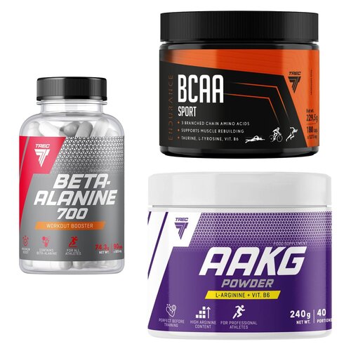 Aminokwasy Beta-alanina TREC NUTRITION Beta Alanine 700 (90 kapsułek) + Aminokwasy AAKG Powder Cytrynowy (240 g) + Aminokwasy BCAA TREC NUTRITION Sport (180 kapsułek)