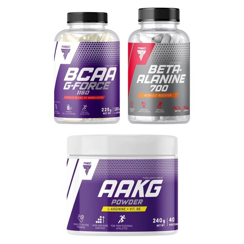 Aminokwasy Beta-alanina TREC NUTRITION Beta Alanine 700 (90 kapsułek) + Aminokwasy AAKG Powder Cytrynowy (240 g) + Aminokwasy BCAA TREC NUTRITION G-force 1150 (180 kapsułek)