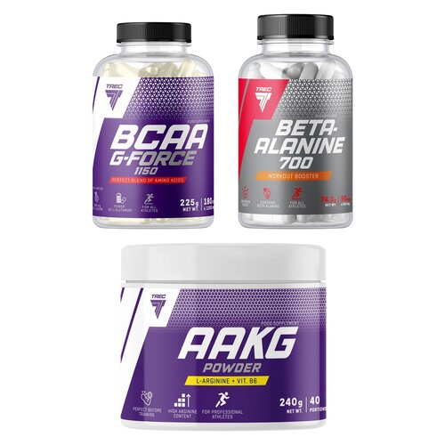 Aminokwasy Beta-alanina TREC NUTRITION Beta Alanine 700 (90 kapsułek) + Aminokwasy AAKG Powder Grejpfrutowy (240 g) + Aminokwasy BCAA TREC NUTRITION G-force 1150 (180 kapsułek)