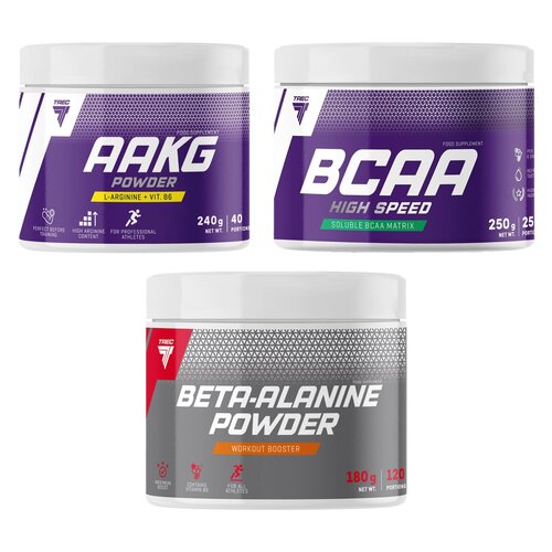 Aminokwasy Beta-alanina TREC NUTRITION Powder Grejpfrutowy (180 g) + Aminokwasy AAKG Powder Grejpfrutowy (240 g) + Aminokwasy BCAA TREC NUTRITION High Speed Wiśniowo-grejpfrutowy (250 g)
