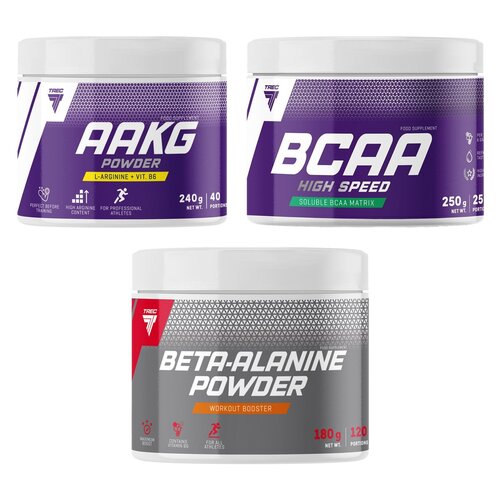 Aminokwasy Beta-alanina TREC NUTRITION Powder Grejpfrutowy (180 g) + Aminokwasy AAKG Powder Grejpfrutowy (240 g) + Aminokwasy BCAA TREC NUTRITION High Speed Cola (250 g)