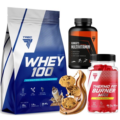Zestaw wspomagający redukcję TREC Odżywka białkowa Whey 100 Ciasteczkowy (700 g) + Spalacz tłuszczu Thermo fat Burner Max (60 kapsułek) + Kompleks witamin i minerałów Runners Multivitamin (90 kapsułek)