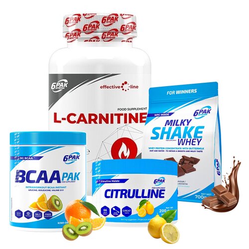 Zestaw wspomagający redukcję 6PAK Spalacz tłuszczu L-Carnitine (90 kapsułek) + Aminokwasy BCAA Kiwi-pomarańczowy (400 g) + Aminokwasy Cytrulina Cytrynowy (200 g) + Odżywka białkowa Milky Shake Whey Czekoladowy (700 g)