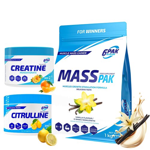 Zestaw na masę 6PAK Gainer Mass Pak Waniliowy (1000 g) + Aminokwasy Cytrulina Cytrynowy (200 g) + Monohydrat kreatyny Pomarańczowy (300 g)