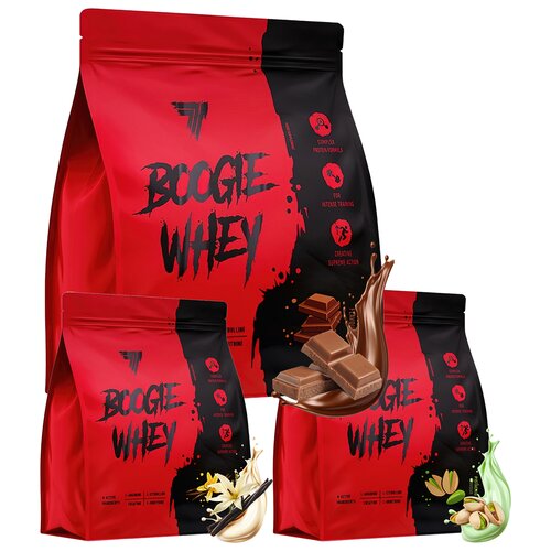 Odżywki białkowe TREC NUTRITION mix smaków Boogiewhey Podwójna czekolada (500 g) + Boogiewhey Kremowo-waniliowy (500 g) + Boogiewhey Pistacjowy (500 g)