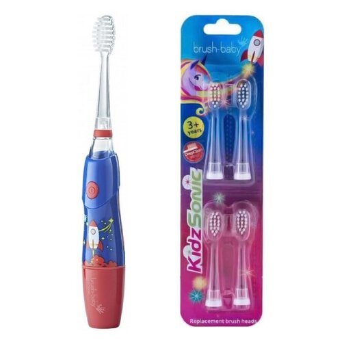 Szczoteczka soniczna BRUSH-BABY KidzSonic Rakieta + Końcówka szczoteczki BRUSH-BABY KidzSonic (4 szt.)