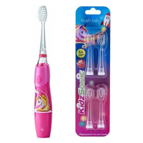 Szczoteczka soniczna BRUSH-BABY KidzSonic Jednorożec + Końcówka szczoteczki BRUSH-BABY KidzSonic (4 szt.)