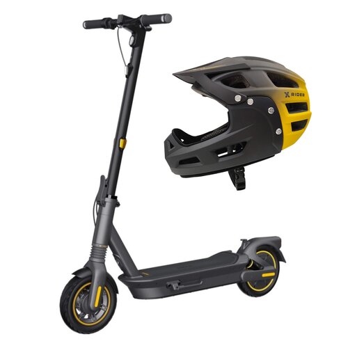 Hulajnoga elektryczna SEGWAY Ninebot KickScooter Max G2 D 70km 450W 10" Amortyzacja Czarny + Kask rowerowy XRIDER XR00FH01 Czarno-żółty MTB (rozmiar L)