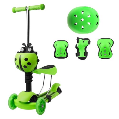 Hulajnoga dla dzieci INDIANA Biedronka D1 3w1 Zielony + Kask VÖGEL VOK-650S Zielony Dla dzieci (Rozmiar S/M) + Zestaw ochraniaczy