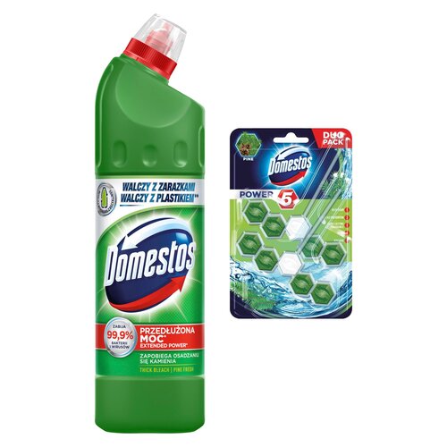 Płyn do czyszczenia toalety DOMESTOS Przedłużona Moc Pine Fresh 750 ml + Kostka do WC DOMESTOS Power 5 Pine 2x55g